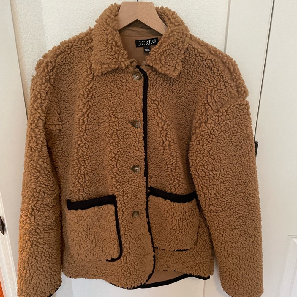 J. Crew Tan Teddy Jacket with Black Trim